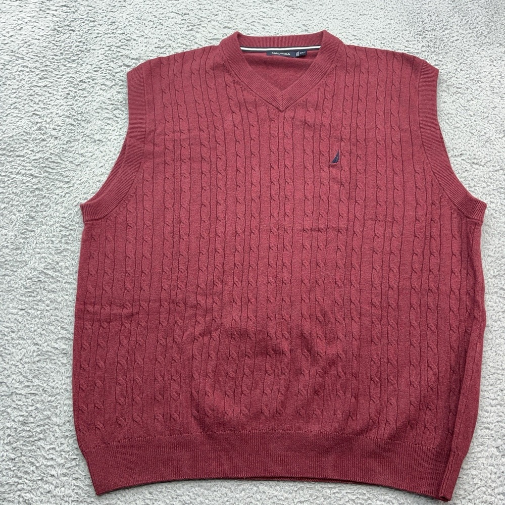 Nautica Cable Knit Sweater Vest Mens 2XLT Burgundy Cotton V-Neck Preppy‎